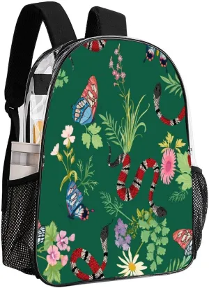 Coral Snakes Tropical Butterfly 17 Inch Transparent Backpack Animal Wildlife Water Resistant PVC Clear Laptop Daypack for Travel Work Camping Women Men 43x32x13cm