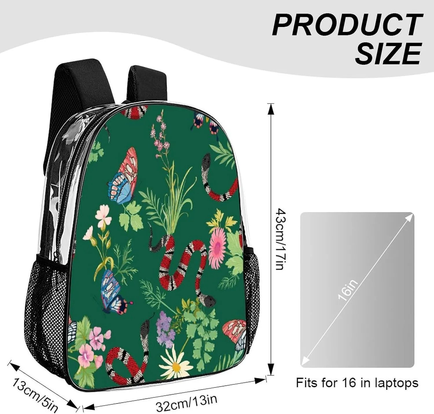 Coral Snakes Tropical Butterfly 17 Inch Transparent Backpack Animal Wildlife Water Resistant PVC Clear Laptop Daypack for Travel Work Camping Women Men 43x32x13cm