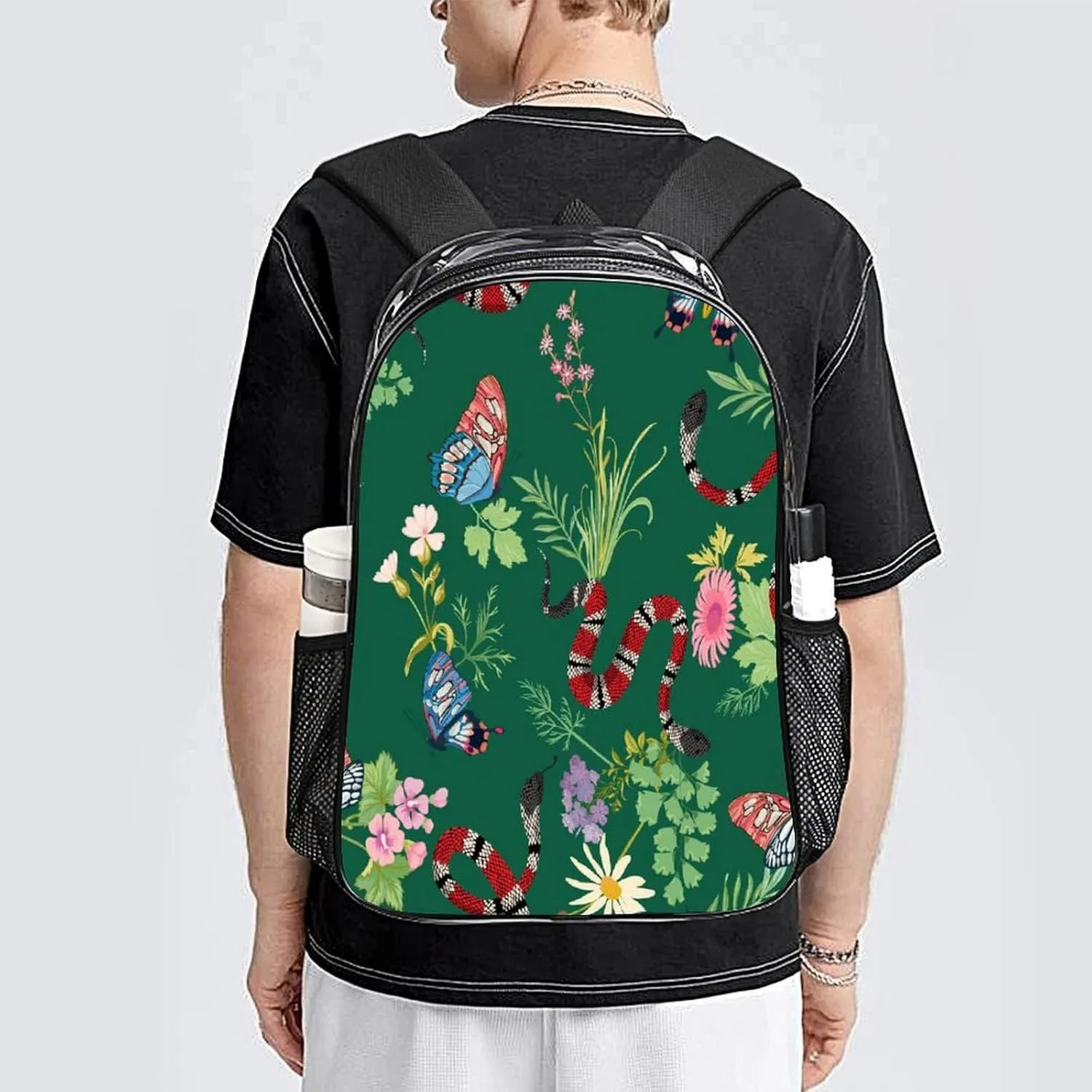 Coral Snakes Tropical Butterfly 17 Inch Transparent Backpack Animal Wildlife Water Resistant PVC Clear Laptop Daypack for Travel Work Camping Women Men 43x32x13cm