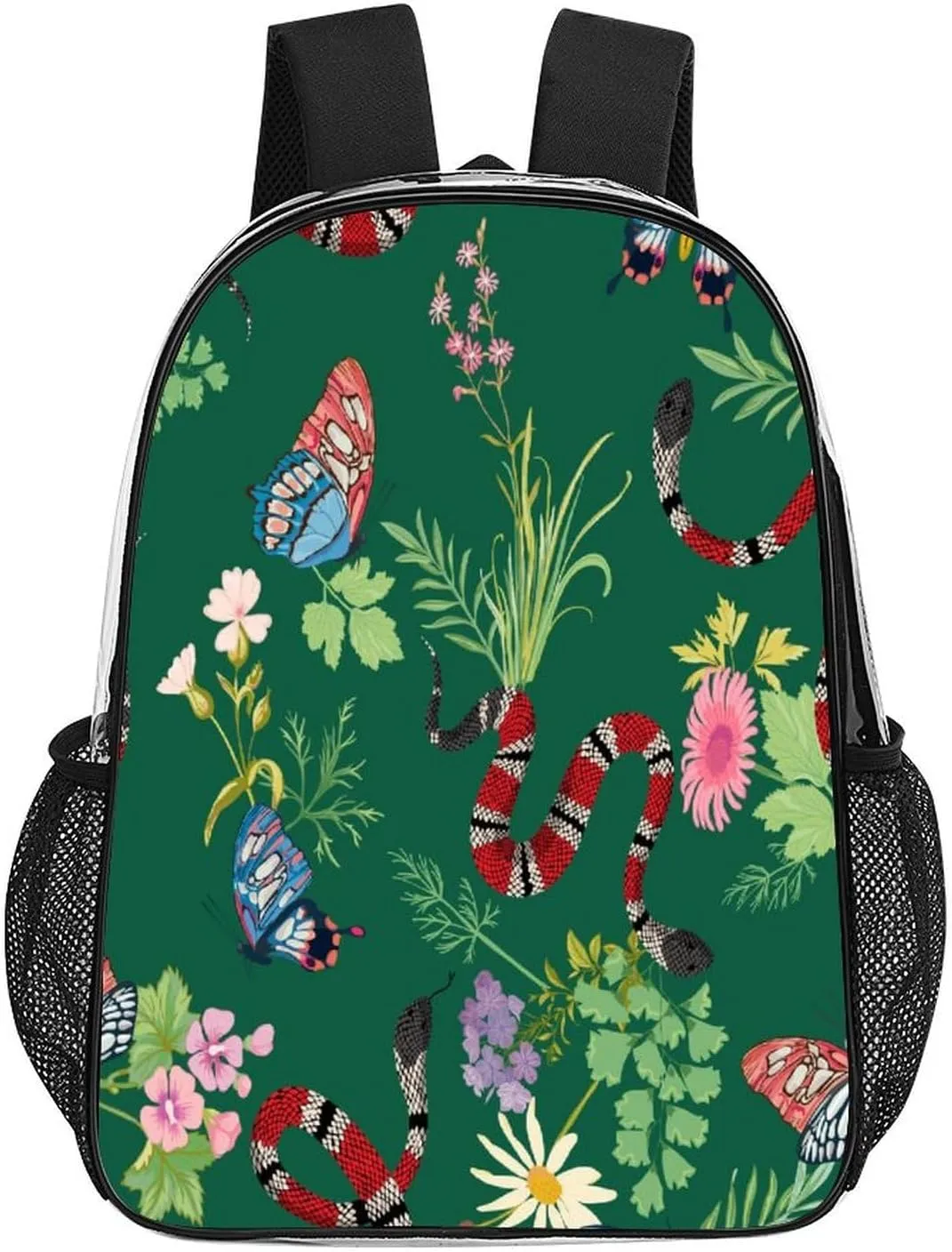 Coral Snakes Tropical Butterfly 17 Inch Transparent Backpack Animal Wildlife Water Resistant PVC Clear Laptop Daypack for Travel Work Camping Women Men 43x32x13cm