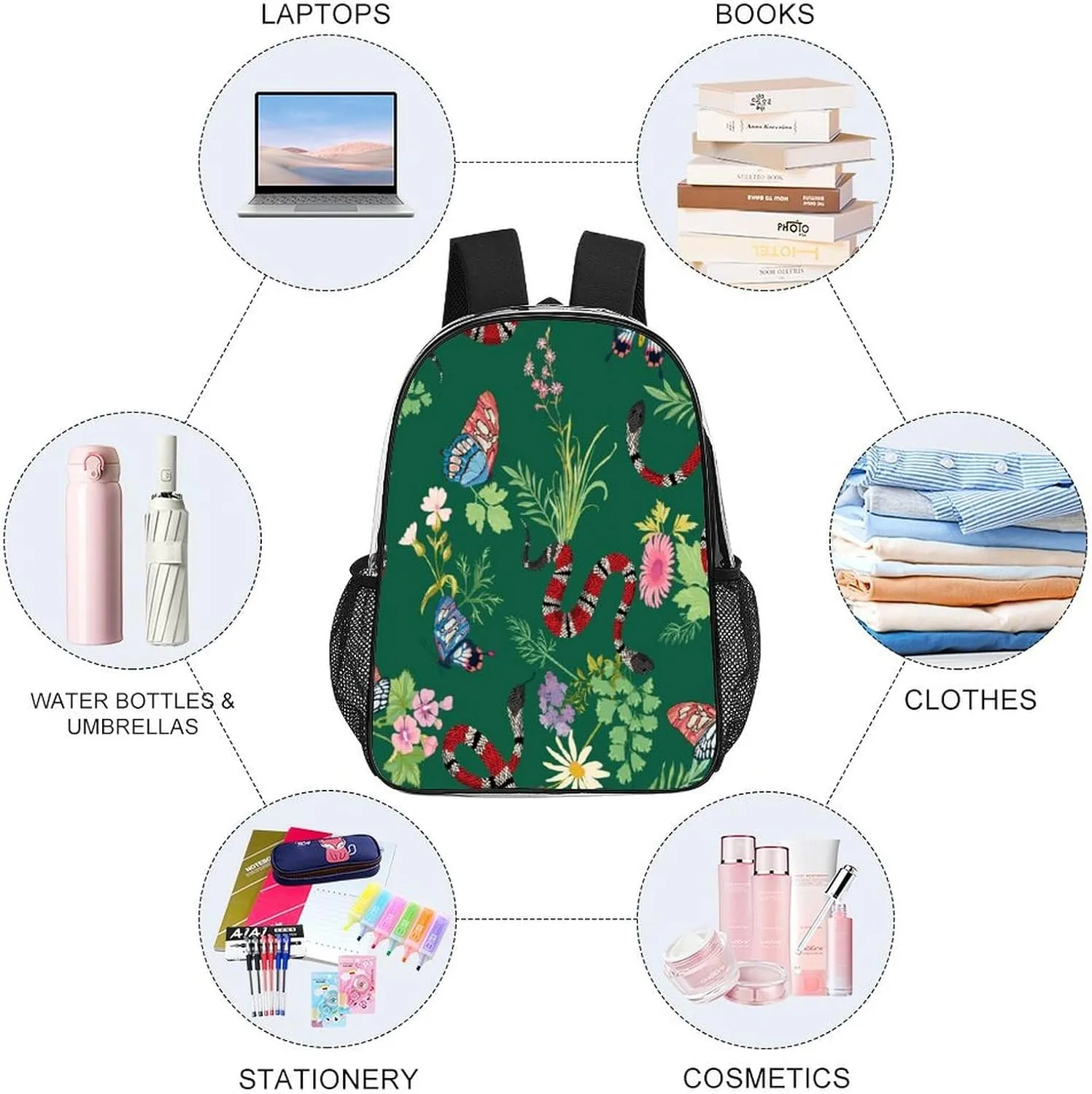 Coral Snakes Tropical Butterfly 17 Inch Transparent Backpack Animal Wildlife Water Resistant PVC Clear Laptop Daypack for Travel Work Camping Women Men 43x32x13cm