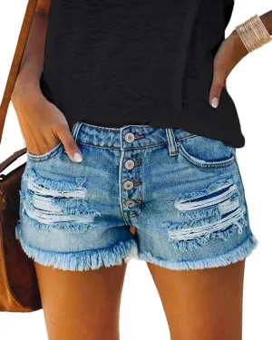 cordat Women's Mid Rise Ripped Stretchy Jeans Shorts Frayed Raw Hem Casual Denim Shorts
