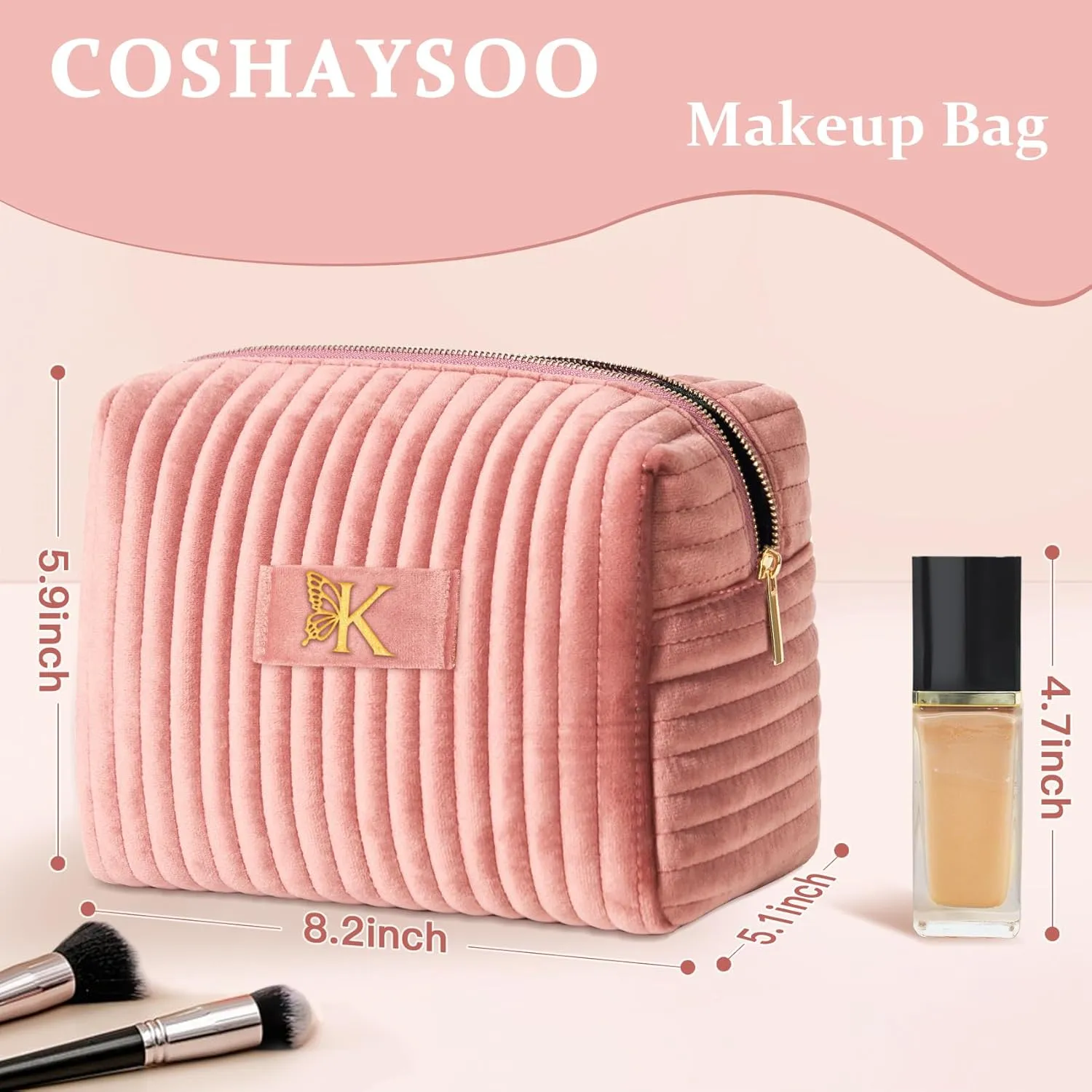 COSHAYSOO Sister Birthday Gifts for Women Best Friend Bestie Friendship Fashion Makeup Bag Make Up Cosmetic Pouch Travel Size Toiletries Skin Care Essentials Organizer Pink Velvet Initial Letter K