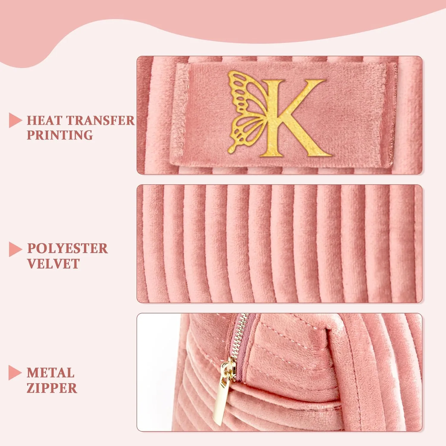 COSHAYSOO Sister Birthday Gifts for Women Best Friend Bestie Friendship Fashion Makeup Bag Make Up Cosmetic Pouch Travel Size Toiletries Skin Care Essentials Organizer Pink Velvet Initial Letter K