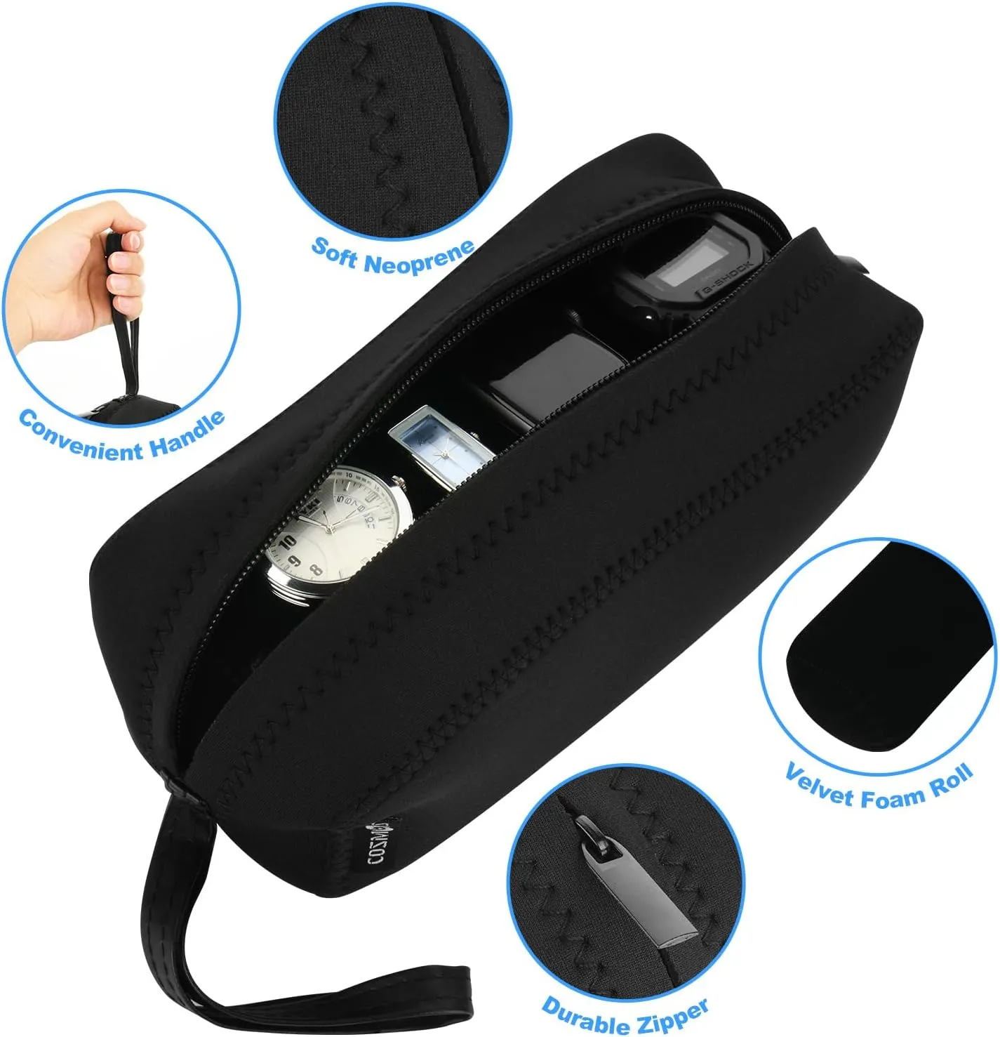 Cosmos Black Color Neoprene Watch and Bracelet Travel Storage Roll Bag with Black Removable Tube Velvet holder