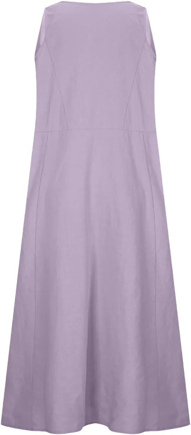 Cotton Line Dresses for Women 2023 Casual Summer Sleeveless Beach Flowy Sundress with Pockets Loose Tank Dress
