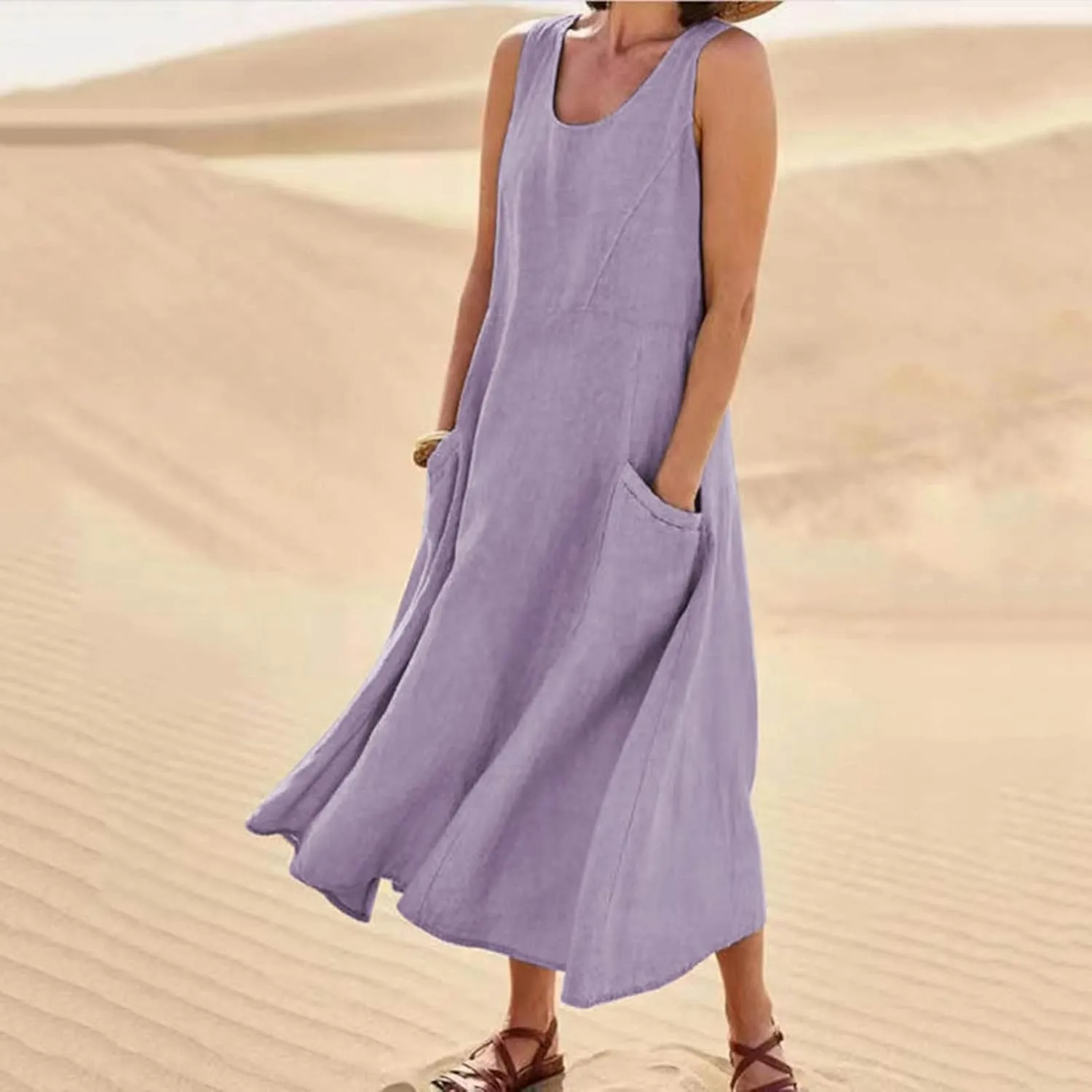 Cotton Line Dresses for Women 2023 Casual Summer Sleeveless Beach Flowy Sundress with Pockets Loose Tank Dress