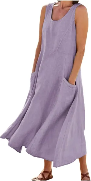 Cotton Line Dresses for Women 2023 Casual Summer Sleeveless Beach Flowy Sundress with Pockets Loose Tank Dress