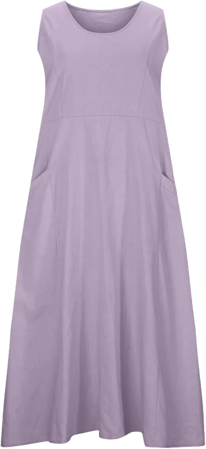 Cotton Line Dresses for Women 2023 Casual Summer Sleeveless Beach Flowy Sundress with Pockets Loose Tank Dress