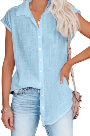 Cotton Linen Button Down Shirt for Women Casual Loose Cap Sleeve Lapel Solid Color Beach Vacation Plus Size Tees