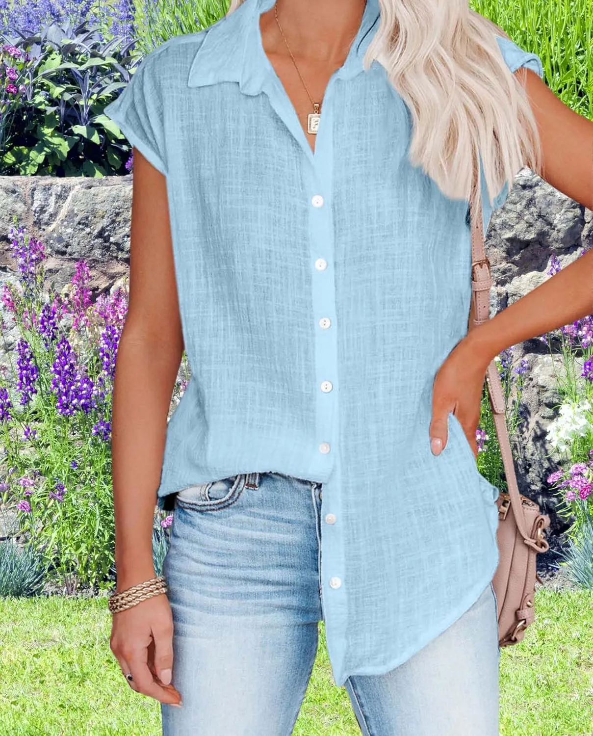Cotton Linen Button Down Shirt for Women Casual Loose Cap Sleeve Lapel Solid Color Beach Vacation Plus Size Tees