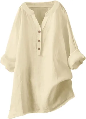 Cotton Linen Shirts for Women Summer 3/4 Sleeve Tops Casual V Neck Basic Tee Plus Size Henley Blouses Trendy Outfits