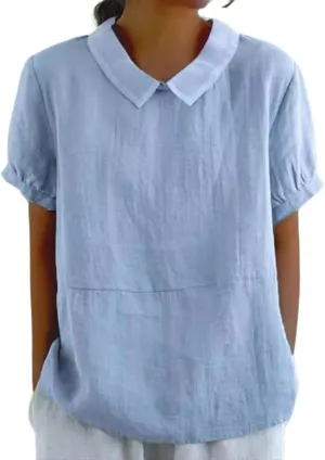 Cotton Linen Shirts for Women Summer Short Sleeve Casual Collared Work Blouse Tunic Tos