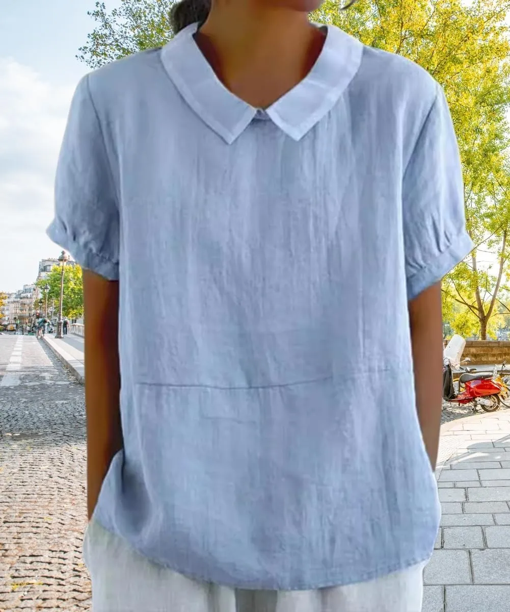 Cotton Linen Shirts for Women Summer Short Sleeve Casual Collared Work Blouse Tunic Tos