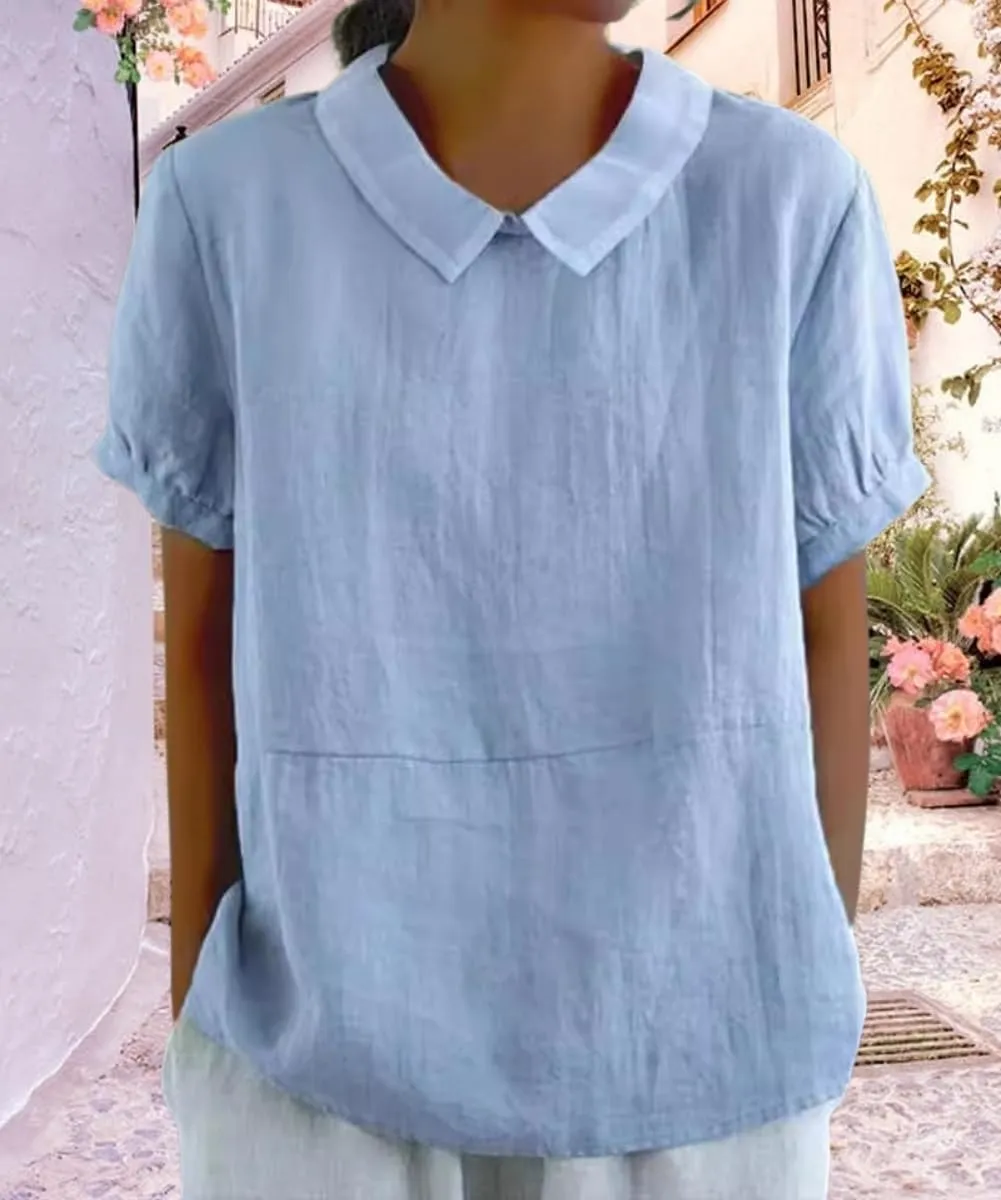 Cotton Linen Shirts for Women Summer Short Sleeve Casual Collared Work Blouse Tunic Tos