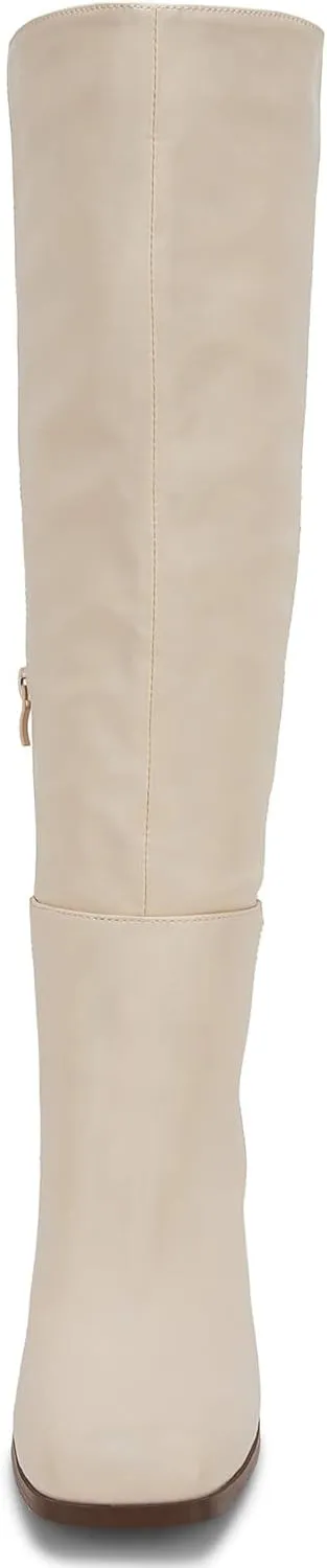Coutgo Womens Knee High Boots Chunky Block Heels Square Toe Side Zipper Faux Suede Fall Winter Comfort Boot