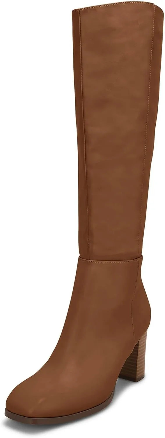 Coutgo Womens Knee High Boots Chunky Block Heels Square Toe Side Zipper Faux Suede Fall Winter Comfort Boot