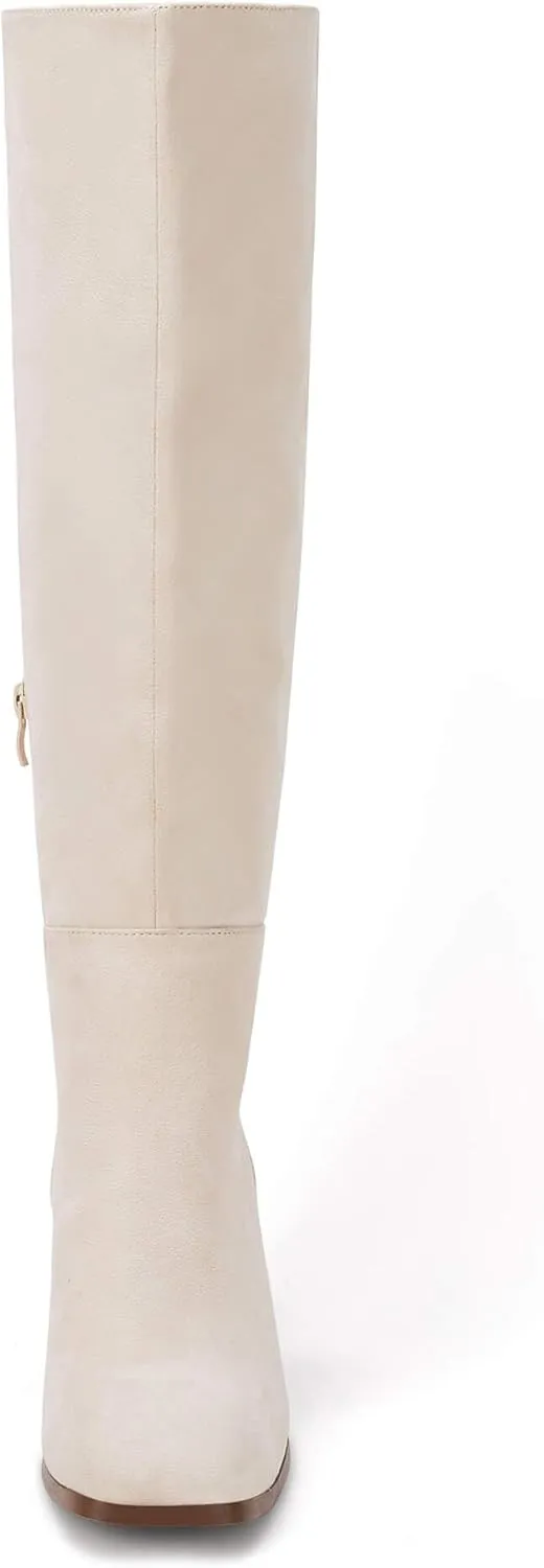 Coutgo Womens Knee High Boots Chunky Block Heels Square Toe Side Zipper Faux Suede Fall Winter Comfort Boot