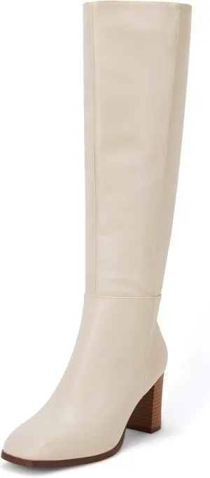 Coutgo Womens Knee High Boots Chunky Block Heels Square Toe Side Zipper Faux Suede Fall Winter Comfort Boot