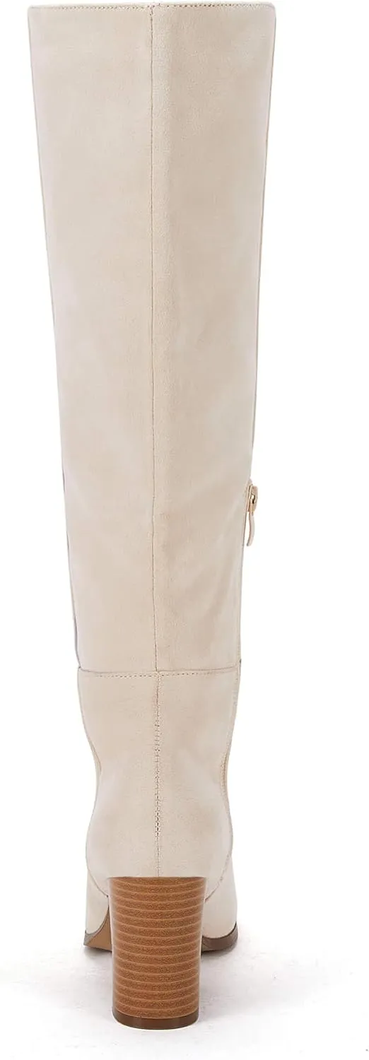 Coutgo Womens Knee High Boots Chunky Block Heels Square Toe Side Zipper Faux Suede Fall Winter Comfort Boot