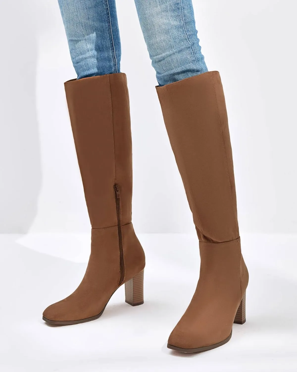 Coutgo Womens Knee High Boots Chunky Block Heels Square Toe Side Zipper Faux Suede Fall Winter Comfort Boot