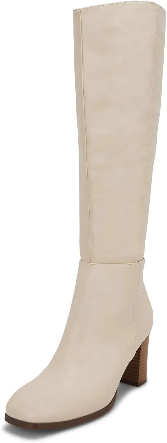 Coutgo Womens Knee High Boots Chunky Block Heels Square Toe Side Zipper Faux Suede Fall Winter Comfort Boot