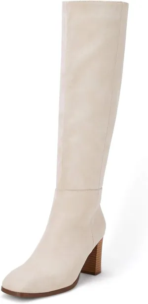 Coutgo Womens Knee High Boots Chunky Block Heels Square Toe Side Zipper Faux Suede Fall Winter Comfort Boot