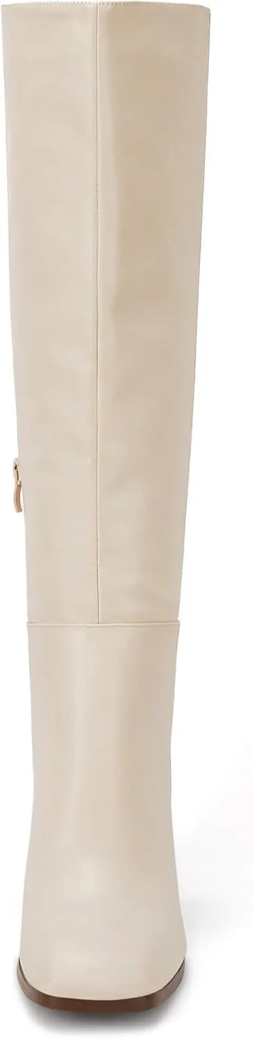 Coutgo Womens Knee High Boots Chunky Block Heels Square Toe Side Zipper Faux Suede Fall Winter Comfort Boot