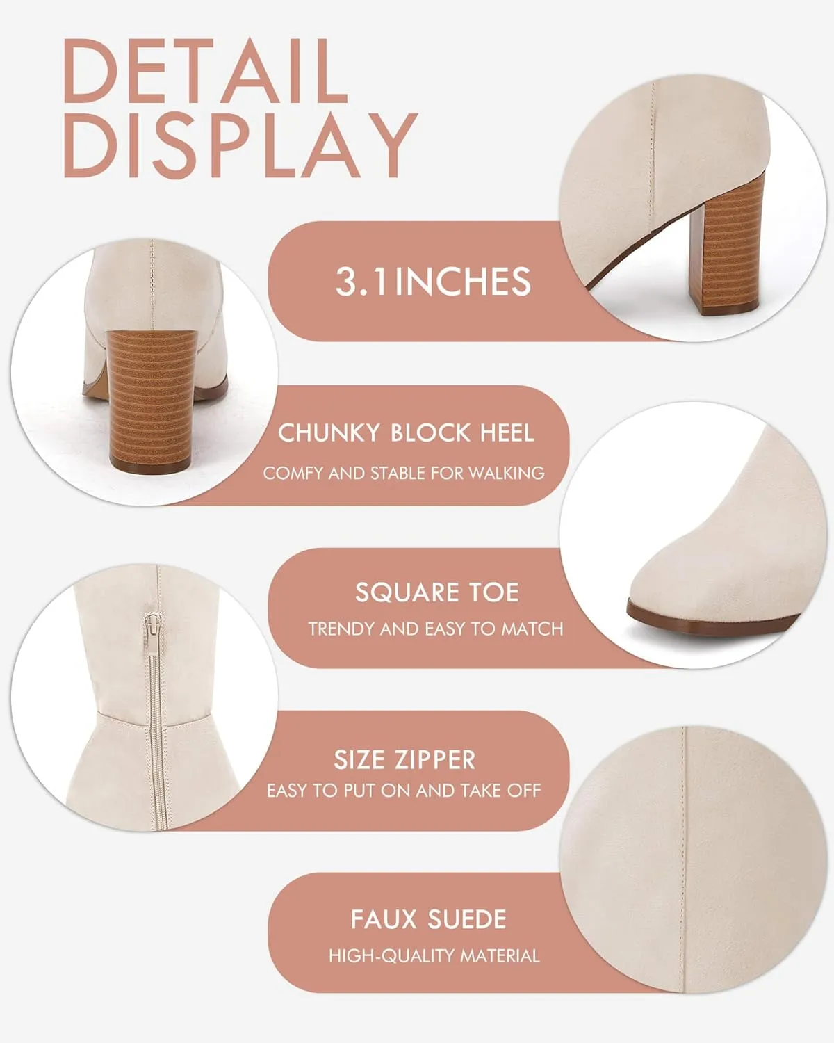 Coutgo Womens Knee High Boots Chunky Block Heels Square Toe Side Zipper Faux Suede Fall Winter Comfort Boot
