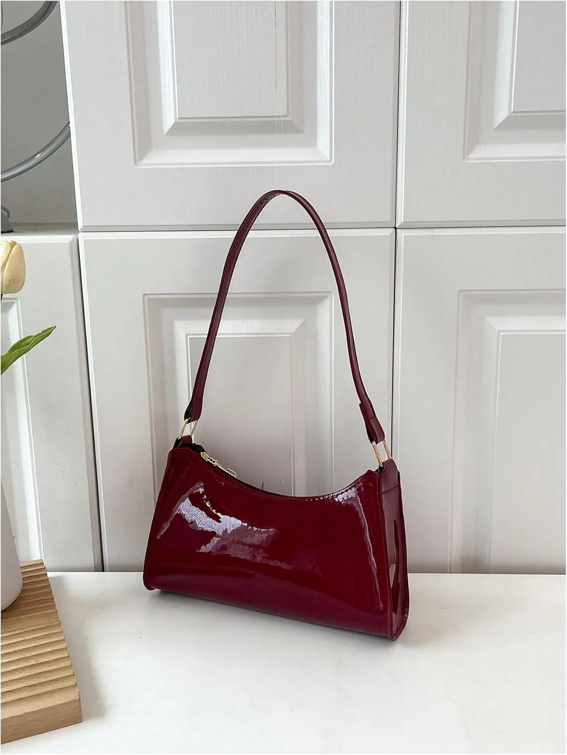 COZYEASE Women's Shiny Patent Leather Shoulder Bag Zipper Top Handle Purse Handbags Trendy Evening Bag