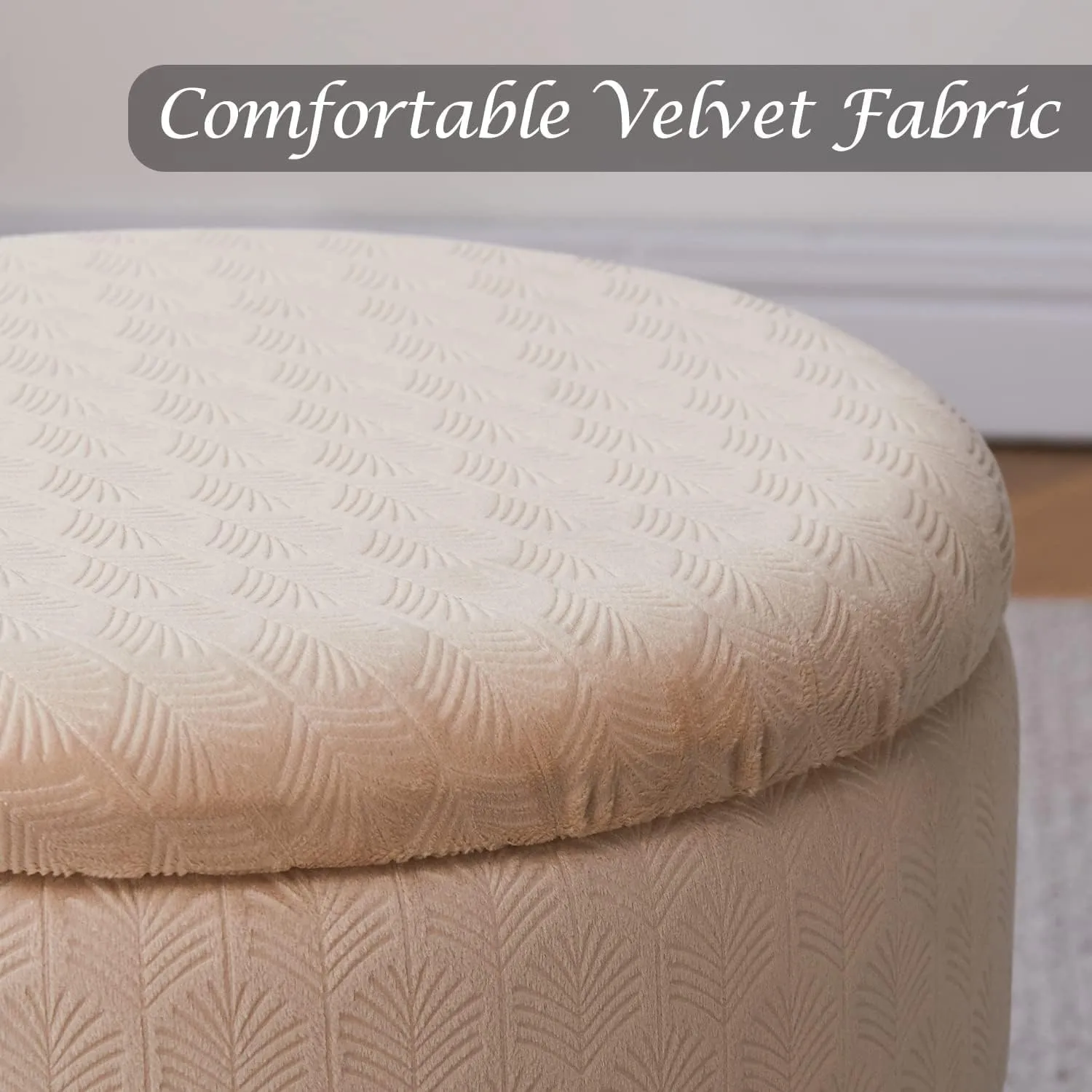 Cpintltr Footrest Footstools Round Velvet Ottoman with Storage Space Soft Vanity Chair with Memory Foam Seat Small Side Table Hallway Step Stool 4 Gold Metal Legs with Adjustable Footings Champagne