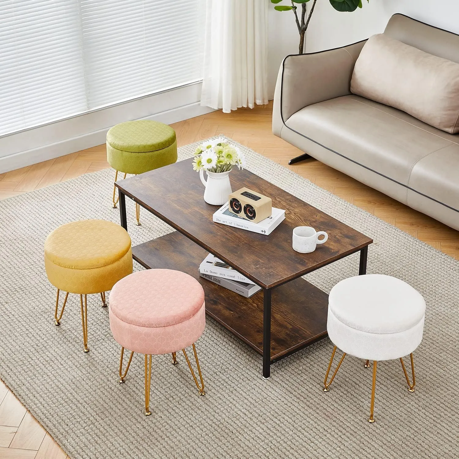 Cpintltr Modern Velvet Foot Rest Stool Upholstered Round Storage Ottomans Multipurpose Dressing Stools Luxury Home Decor Ottoman Coffee Table Top Cover Footstool with Metal Legs for Couch Beige