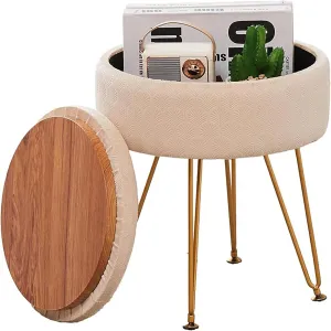 Cpintltr Modern Velvet Foot Rest Stool Upholstered Round Storage Ottomans Multipurpose Dressing Stools Luxury Home Decor Ottoman Coffee Table Top Cover Footstool with Metal Legs for Couch Beige