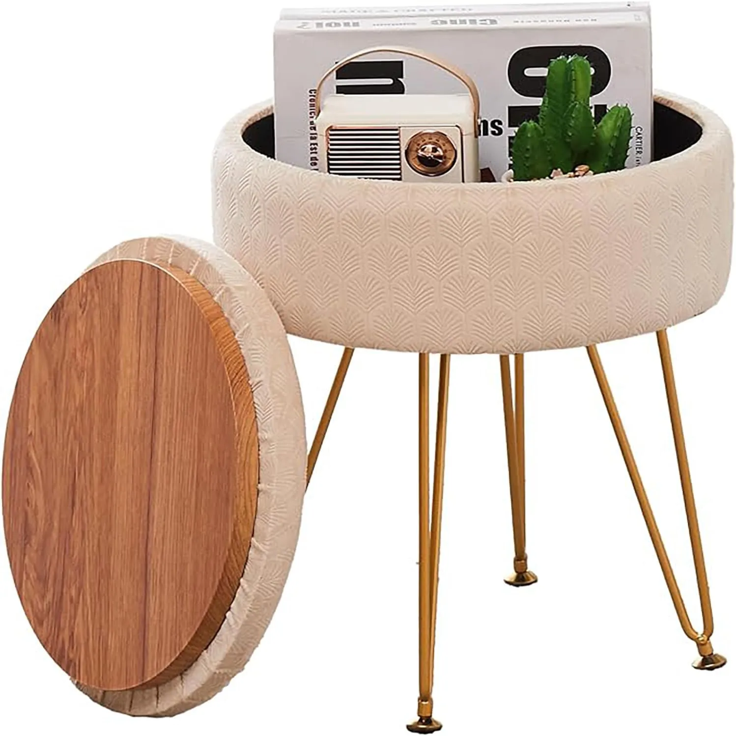 Cpintltr Modern Velvet Foot Rest Stool Upholstered Round Storage Ottomans Multipurpose Dressing Stools Luxury Home Decor Ottoman Coffee Table Top Cover Footstool with Metal Legs for Couch Beige