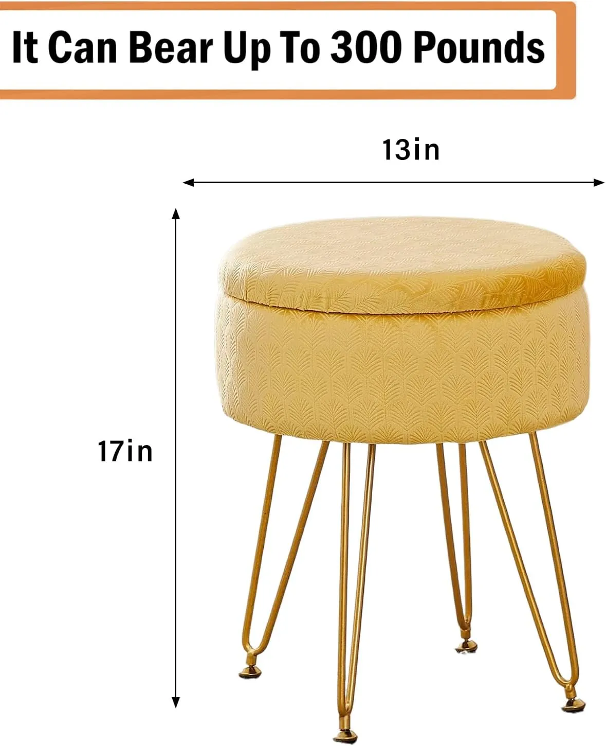 Cpintltr Velvet Ottoman Round Footrest Footstools with Storage Space Soft Vanity Chair with Memory Foam Seat Small Side Table Hallway Step Stool 4 Gold Metal Legs with Adjustable Footings Ginger