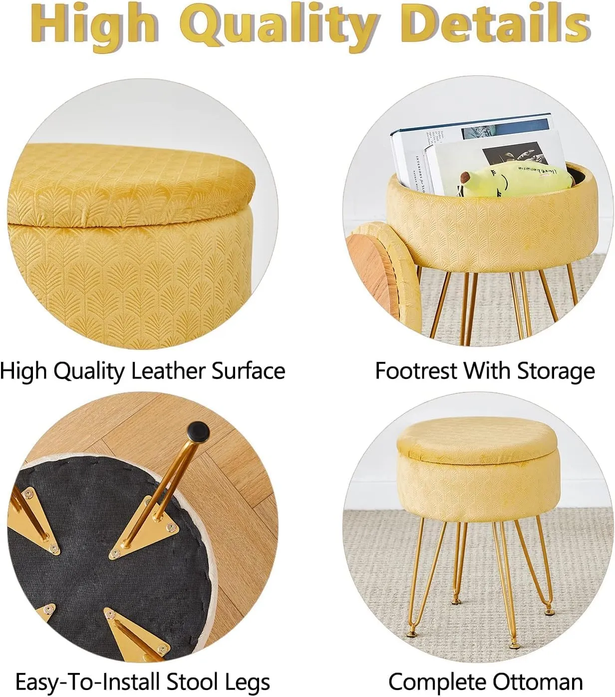 Cpintltr Velvet Ottoman Round Footrest Footstools with Storage Space Soft Vanity Chair with Memory Foam Seat Small Side Table Hallway Step Stool 4 Gold Metal Legs with Adjustable Footings Ginger