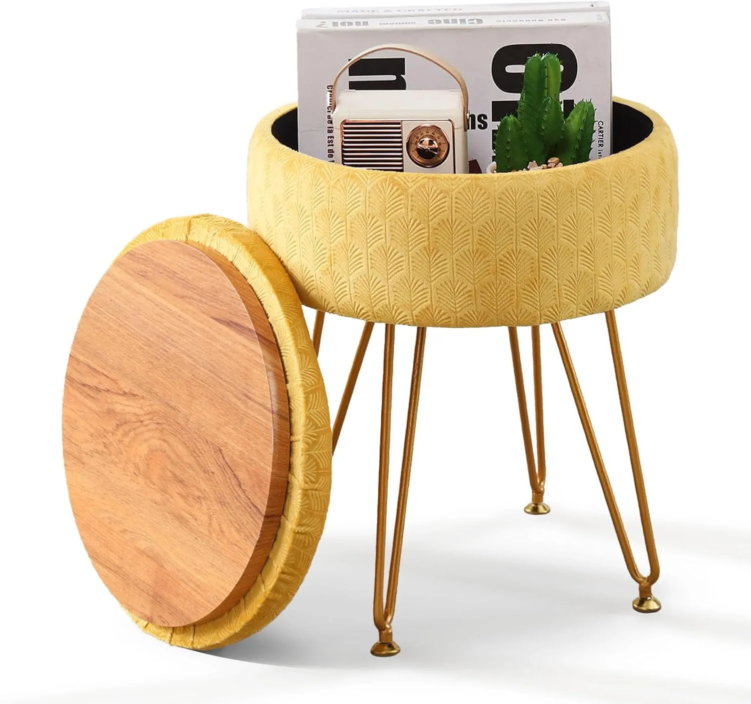 Cpintltr Velvet Ottoman Round Footrest Footstools with Storage Space Soft Vanity Chair with Memory Foam Seat Small Side Table Hallway Step Stool 4 Gold Metal Legs with Adjustable Footings Ginger