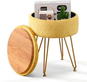 Cpintltr Velvet Ottoman Round Footrest Footstools with Storage Space Soft Vanity Chair with Memory Foam Seat Small Side Table Hallway Step Stool 4 Gold Metal Legs with Adjustable Footings Ginger