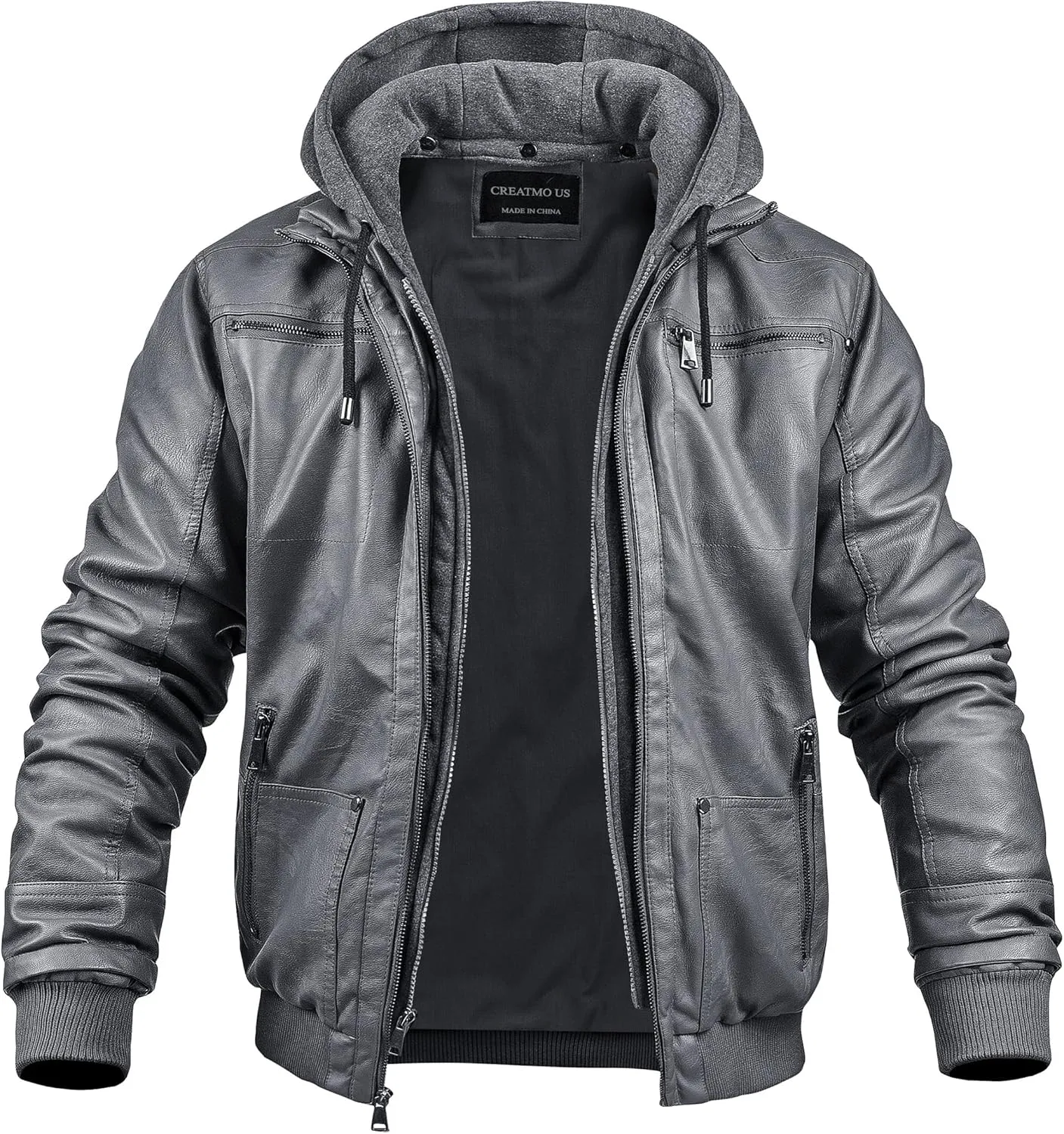 CREATMO US Men's Faux Leather Jacket Motorcycle Jacket Waterproof Windproof PU Moto Vintage Bomber Hoodie with Removable Hood