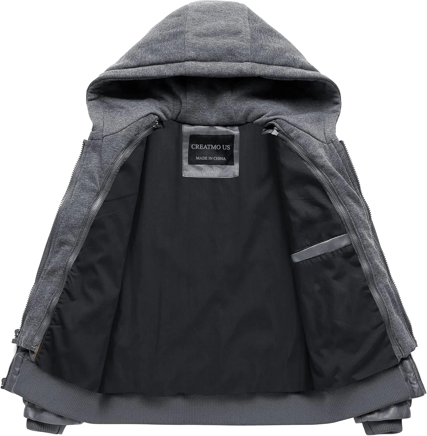 CREATMO US Men's Faux Leather Jacket Motorcycle Jacket Waterproof Windproof PU Moto Vintage Bomber Hoodie with Removable Hood