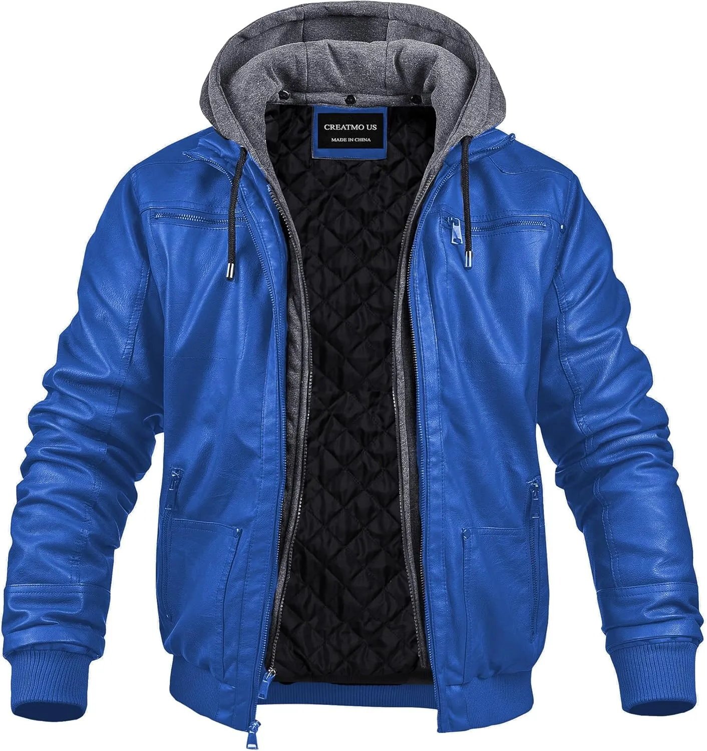 CREATMO US Men's Faux Leather Jacket Motorcycle Jacket Waterproof Windproof PU Moto Vintage Bomber Hoodie with Removable Hood