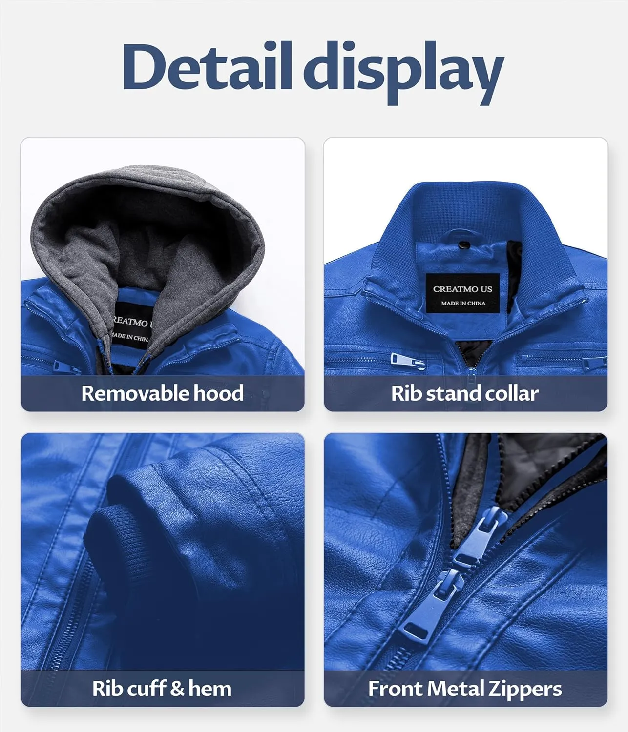 CREATMO US Men's Faux Leather Jacket Motorcycle Jacket Waterproof Windproof PU Moto Vintage Bomber Hoodie with Removable Hood