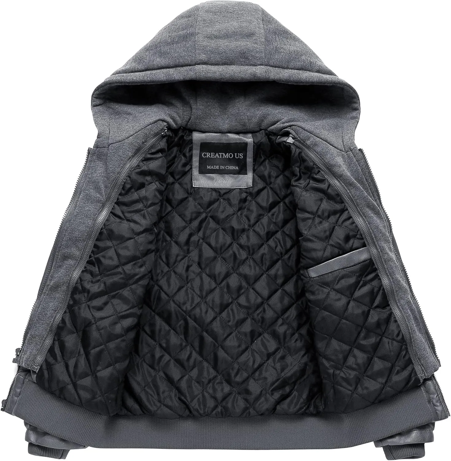 CREATMO US Men's Faux Leather Jacket Motorcycle Jacket Waterproof Windproof PU Moto Vintage Bomber Hoodie with Removable Hood