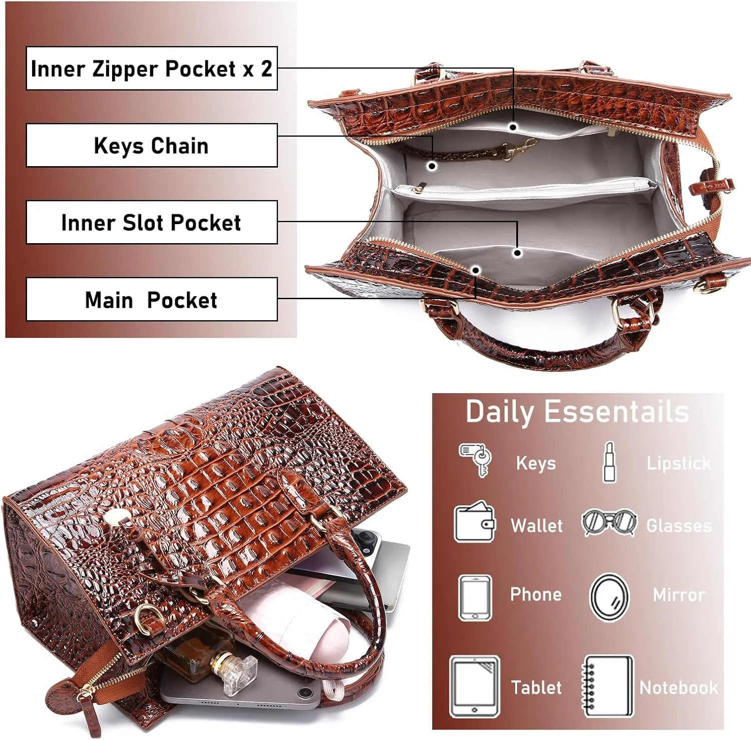 Crocodile Pattern Gradient Top Handle Satchel Large Capacity Tote Bag