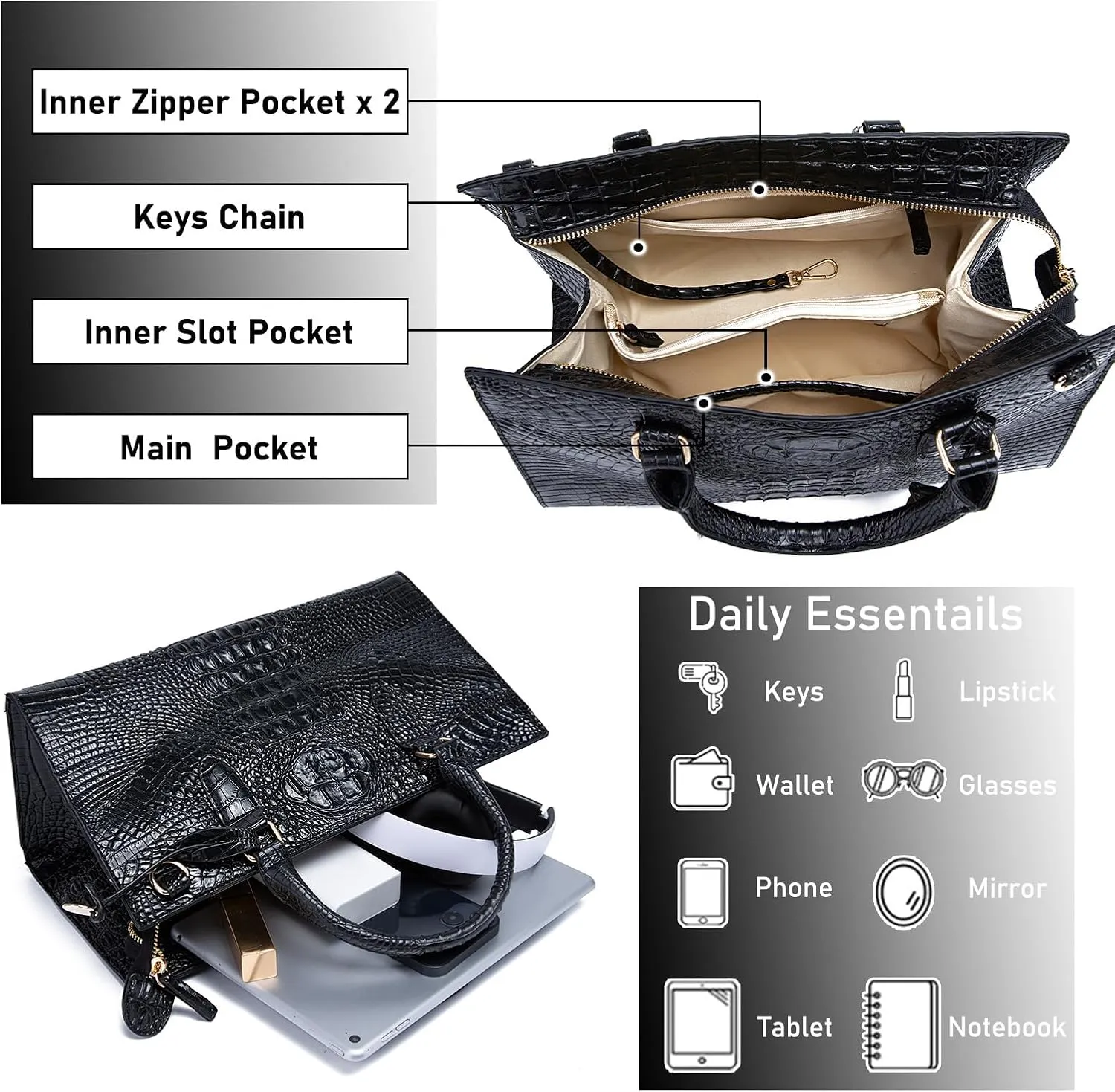 Crocodile Pattern Gradient Top Handle Satchel Large Capacity Tote Bag