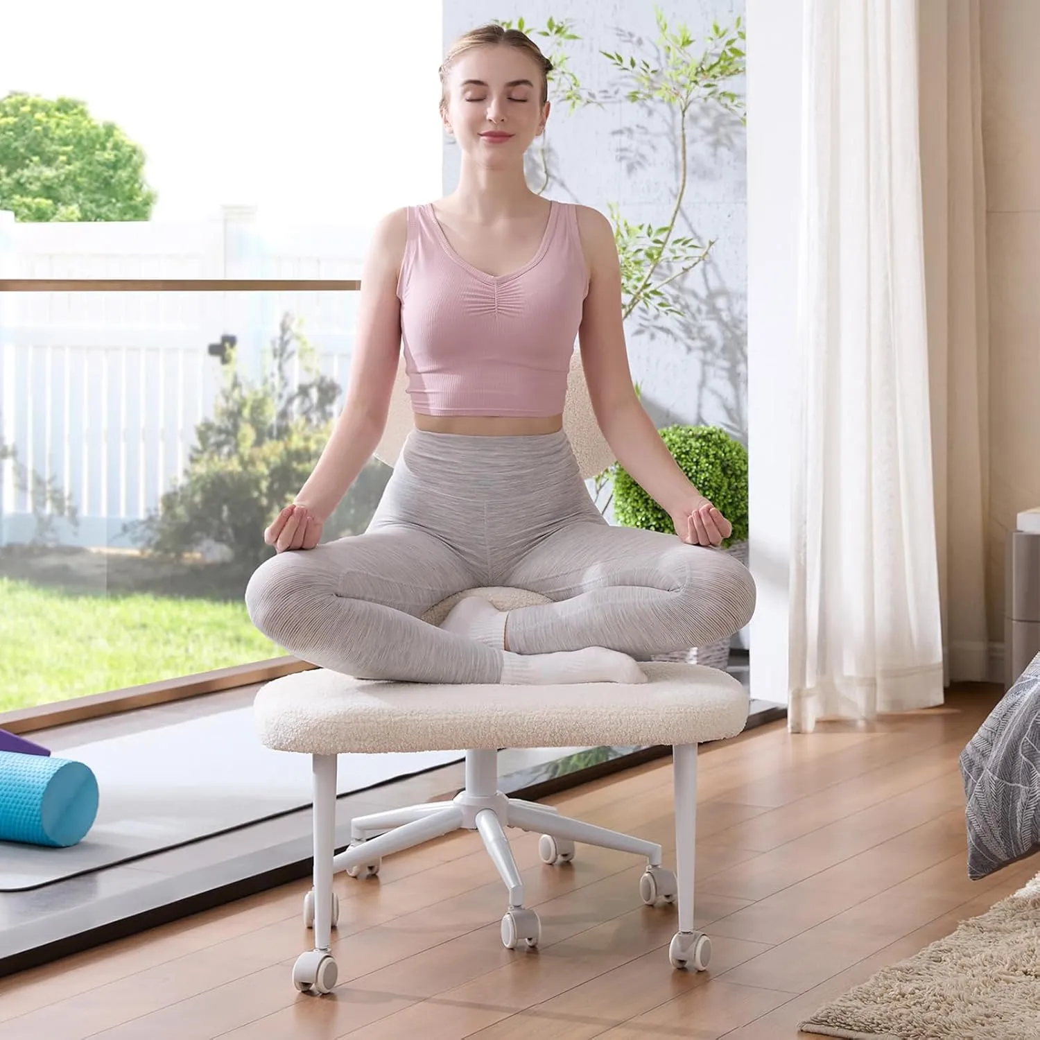 Cross Legged Office Chair with Wheels, Meditation Chair, ADHD Chair for Adults, Wider Criss Cross Chair, Height Adjustable Backrest and Seat, Yoga Office Chair, Teddy Fabric, Off White