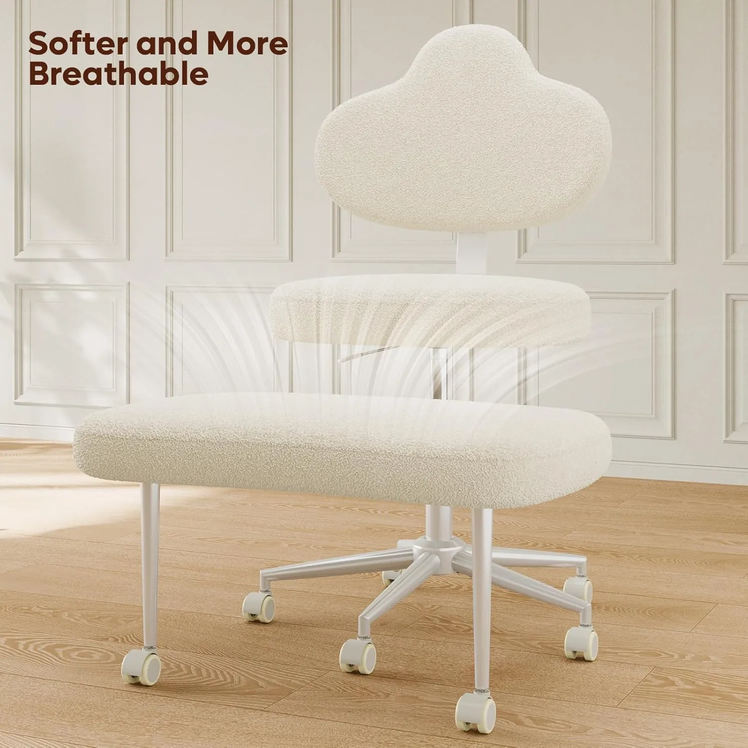 Cross Legged Office Chair with Wheels, Meditation Chair, ADHD Chair for Adults, Wider Criss Cross Chair, Height Adjustable Backrest and Seat, Yoga Office Chair, Teddy Fabric, Off White