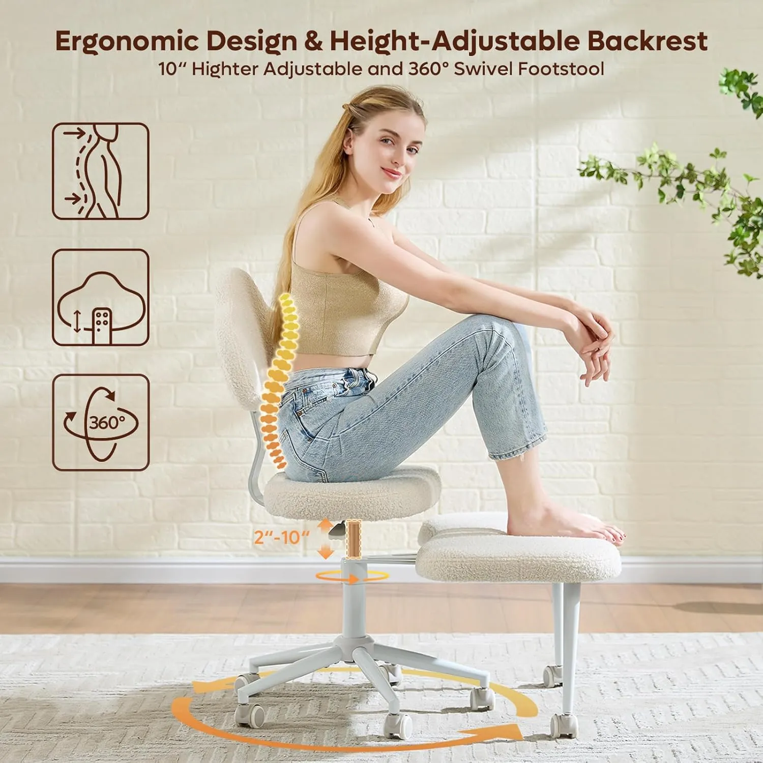 Cross Legged Office Chair with Wheels, Meditation Chair, ADHD Chair for Adults, Wider Criss Cross Chair, Height Adjustable Backrest and Seat, Yoga Office Chair, Teddy Fabric, Off White