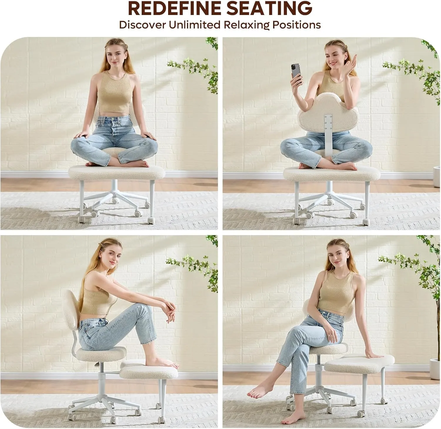 Cross Legged Office Chair with Wheels, Meditation Chair, ADHD Chair for Adults, Wider Criss Cross Chair, Height Adjustable Backrest and Seat, Yoga Office Chair, Teddy Fabric, Off White