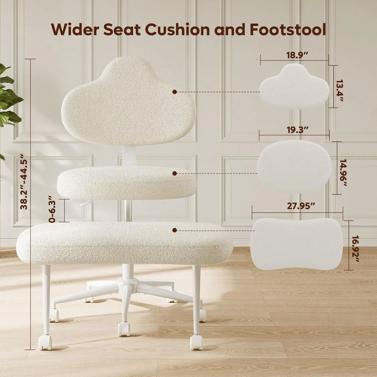 Cross Legged Office Chair with Wheels, Meditation Chair, ADHD Chair for Adults, Wider Criss Cross Chair, Height Adjustable Backrest and Seat, Yoga Office Chair, Teddy Fabric, Off White